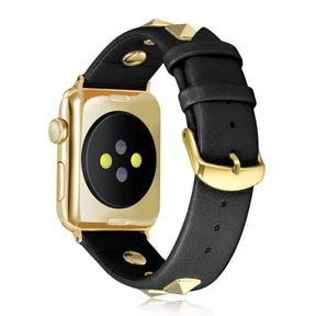Stylish Golden Rivets Leather Replacement Band for iWatch Series 6/5/4/3/2/1/SE-Black