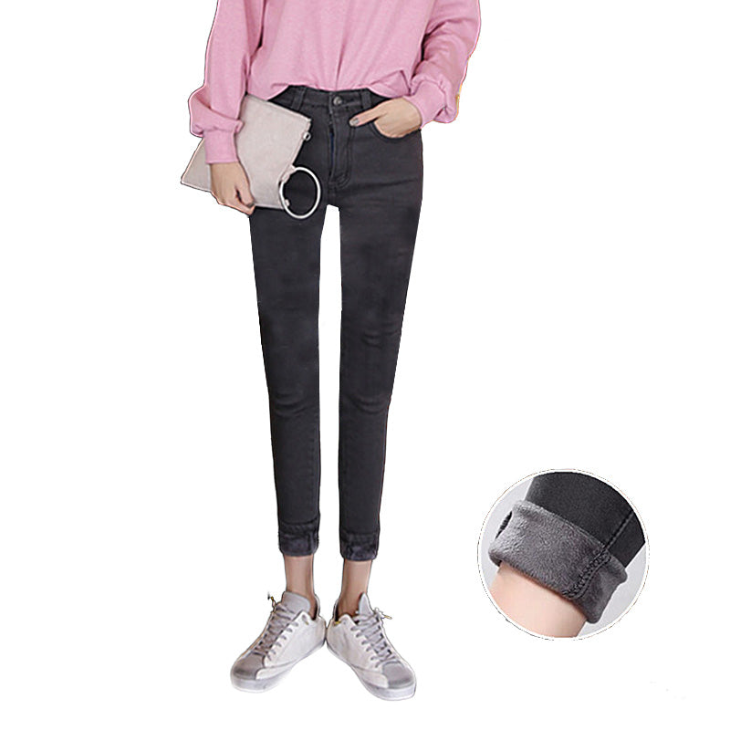 Womens Fleece Jeans with Pockets High Waist Stretch Pants-105-Grey
