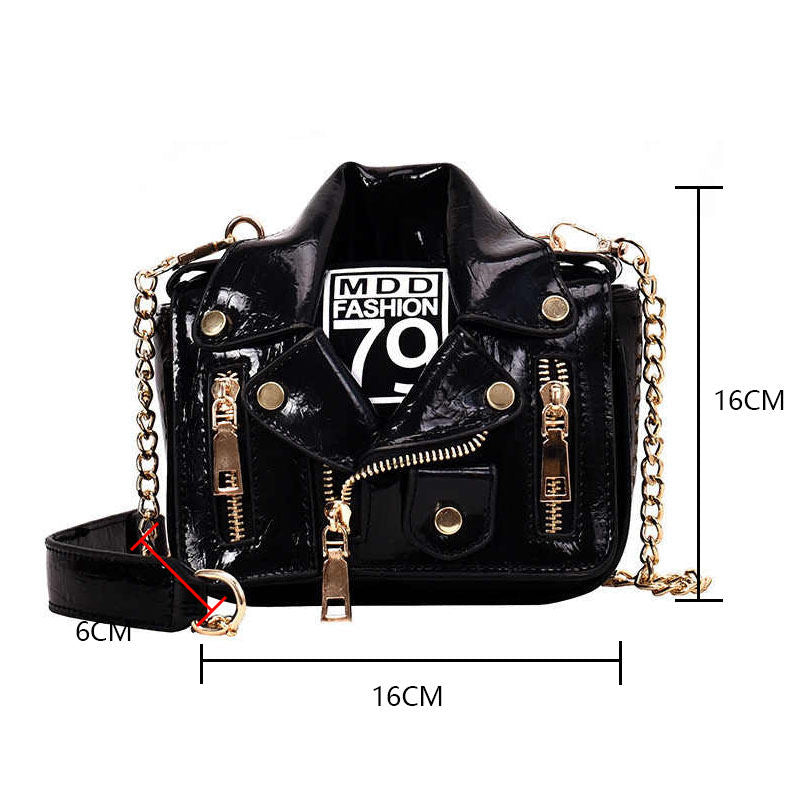 Women Motorcycle Jacket Crossbody Bag Punk Style Lapel Collar Satchel Bag-Black