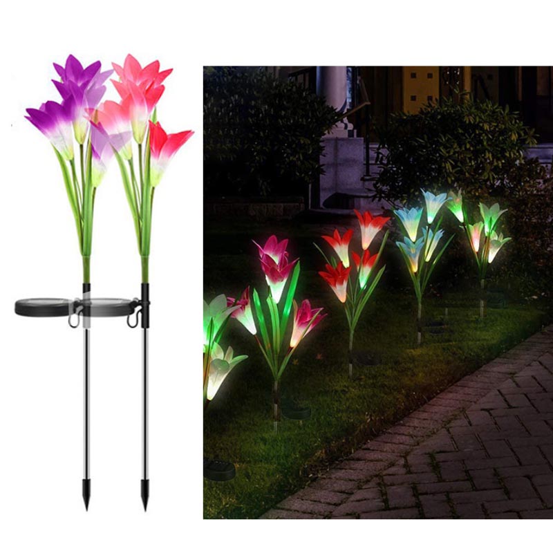 2 Pack Garden Lily Flower Light Outdoor Color Changing LED Solar Decorative Lights for Garden Patio Backyard -Red Purple