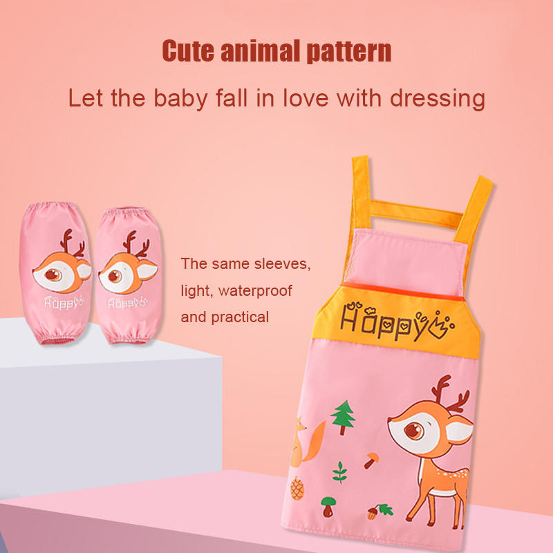 Children Cartoon Waterproof Apron with Sleeve Covers for Painting Cooking-Pink Deer