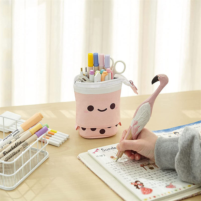 Cute Pen Pencil Telescopic Holder Pop Up Stationery Case Smile Face Dot Organizer -Beige