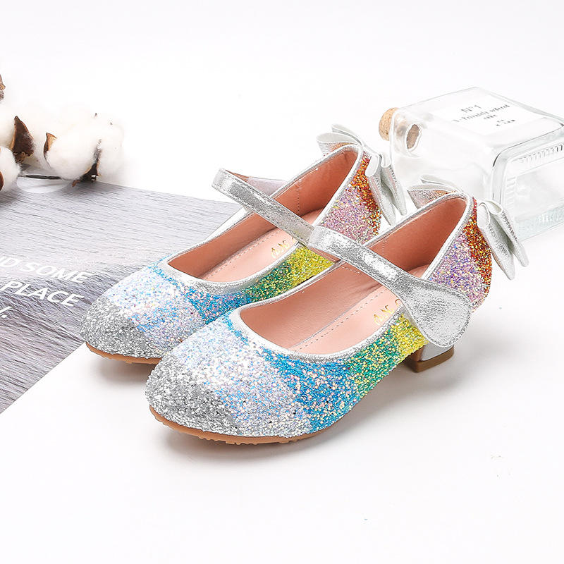 Girls Glitter Mary Jane Low Heel Princess Dress Pumps for Kids-Silver