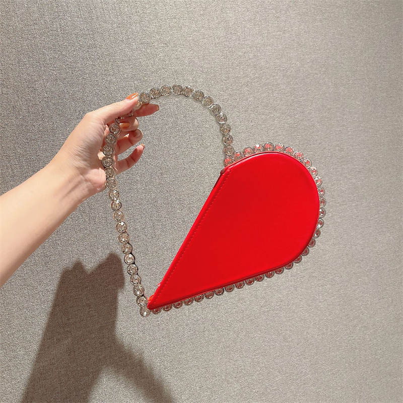 Womens Evening HandBag Heart Shape Rhinestone Clutch Purse-Red