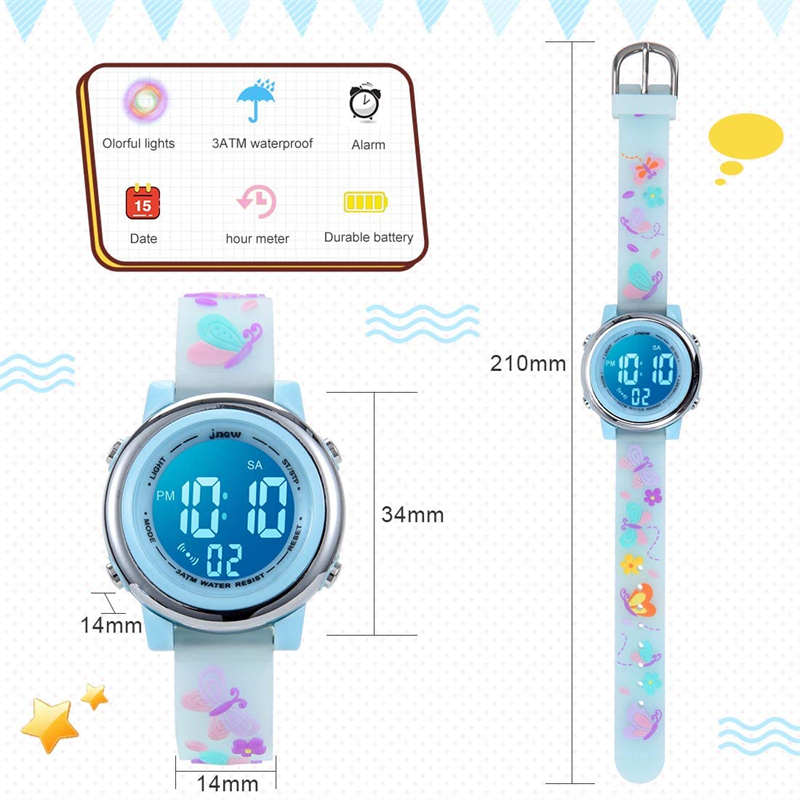 Kids Digital Sport Watches LED with 7 Colors Backlight 3D Butterfly Wristwatch-Blue