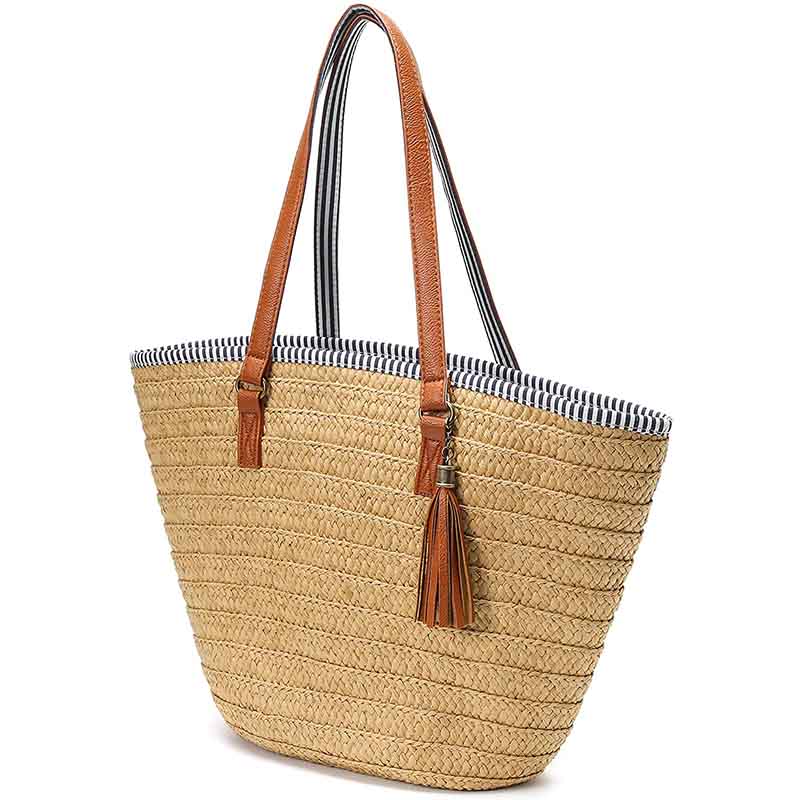 Straw Beach Tote Tassels Bag Summer Handwoven Shoulder Bags with Pom Poms