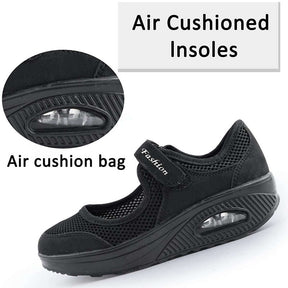 Women Casual Air Cushion Sneakers Velcro Mary Jane Shoes-Black