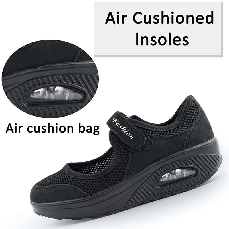 Women Casual Air Cushion Sneakers Velcro Mary Jane Shoes-Black