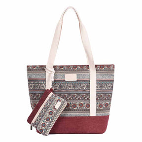 Womens Canvas With Pattern Handbag With Purse-Red Bottom