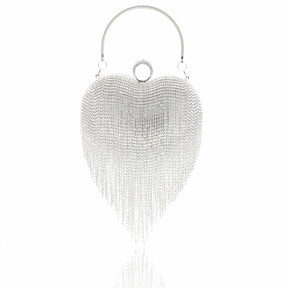 Women Luxury Heart Shape Tassel Evening Clutch Bag Rhinestones Wedding Party Purse-Silver