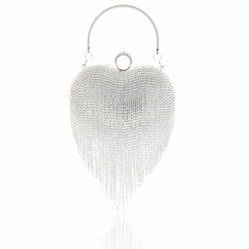 Women Luxury Heart Shape Tassel Evening Clutch Bag Rhinestones Wedding Party Purse-Silver