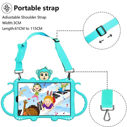 Monkey iPad Case Cartoon Kids Anti-fall Protective Cover Bulit-in Kickstand+Neck Strap With Pencil Holder For iPad 7 10.2inch 2019-Aqua