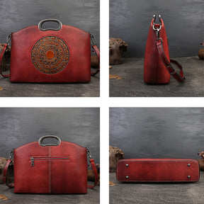 Leather Handbags for Women Vintage Embossing Totem Shoulder Bag-Red