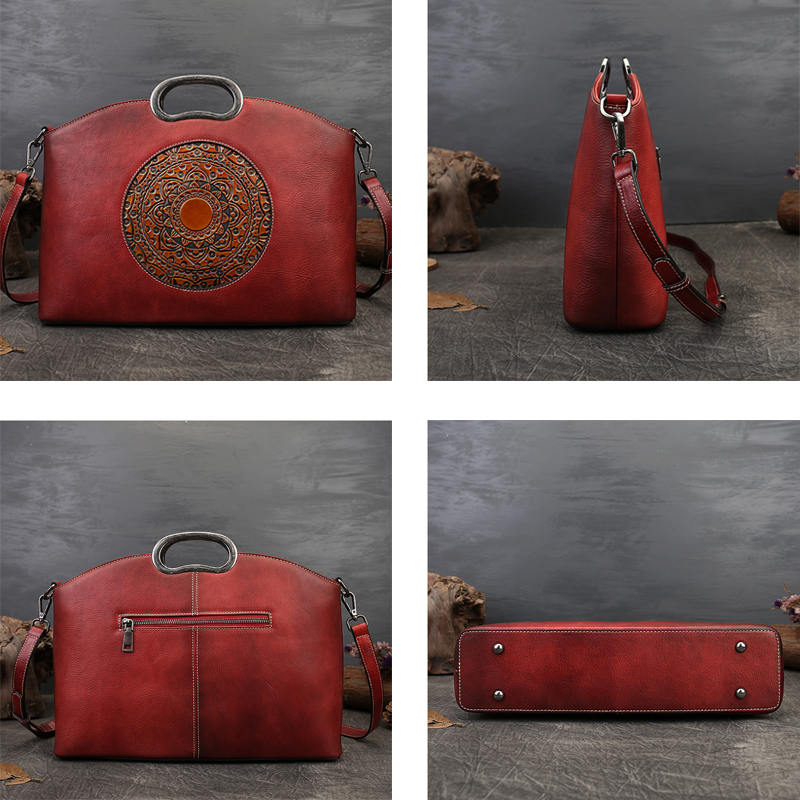 Leather Handbags for Women Vintage Embossing Totem Shoulder Bag-Red