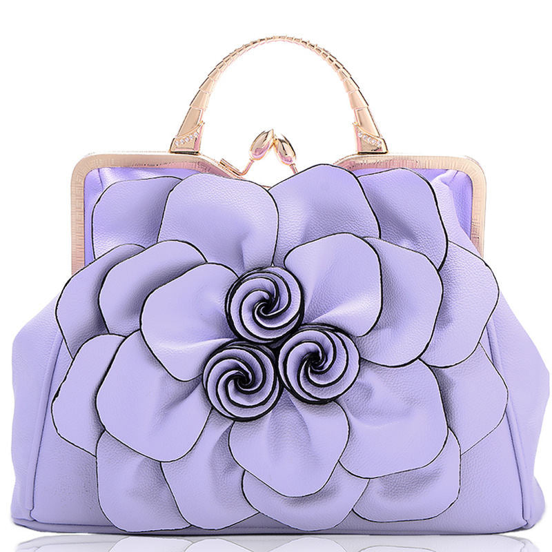 Womens Rose Flower Evening Clutches Formal Party Totes Shoulder Bag-LightPurple