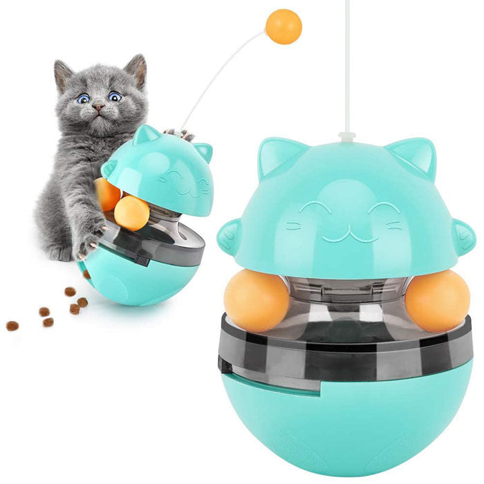 Tumbler Style Cat Food Dispenser Treat Toys with Dual Rolling Balls Detachable Wand-Blue