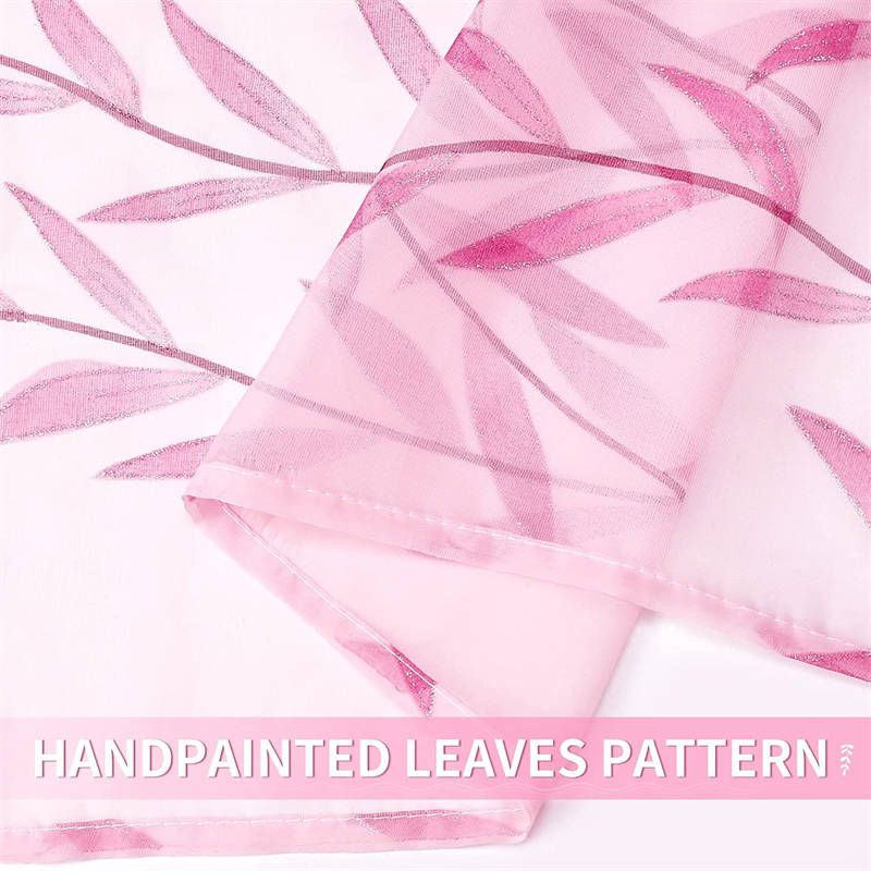 2 Panels Sheer Curtains Rod Pocket Willow Leaves Print for Living Room-Pink