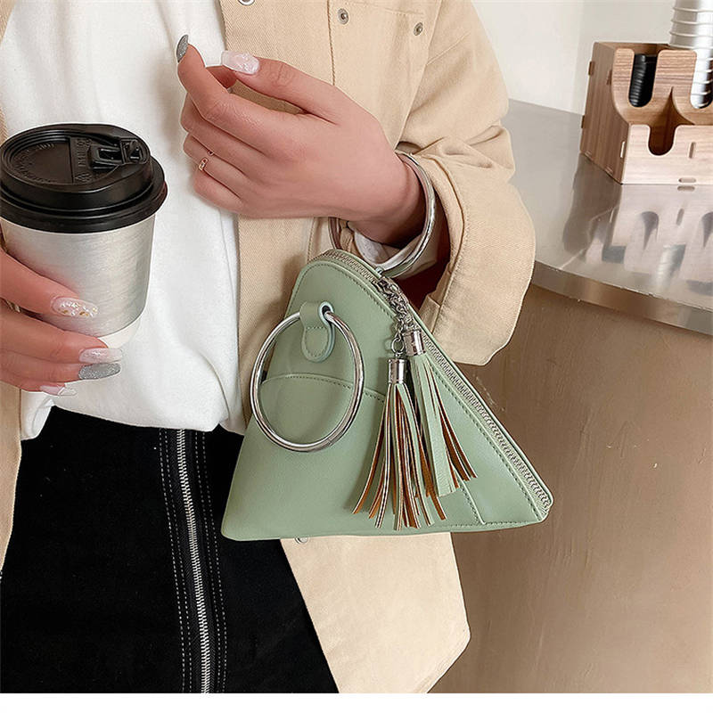 Women Cute Tassel Clutch PU Leather Triangle Bags-Green