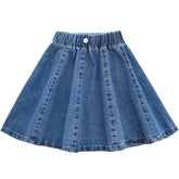 Girls Skater Skirt Denim Solid Color Skirt with Lace Hem-Blue