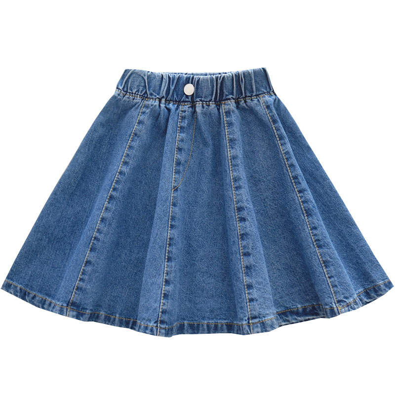 Girls Skater Skirt Denim Solid Color Skirt with Lace Hem-Blue