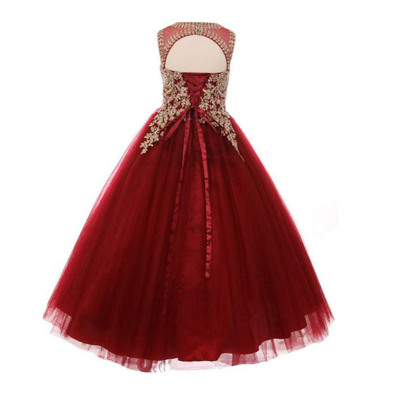 Little Girls Long Pageant Dresses Prom Ball Gown Gold Lace Tulle Dress-Red