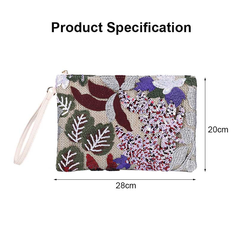 Women Clutches Embroidery Sequins Design Straw Bag for Vacation-WineRed