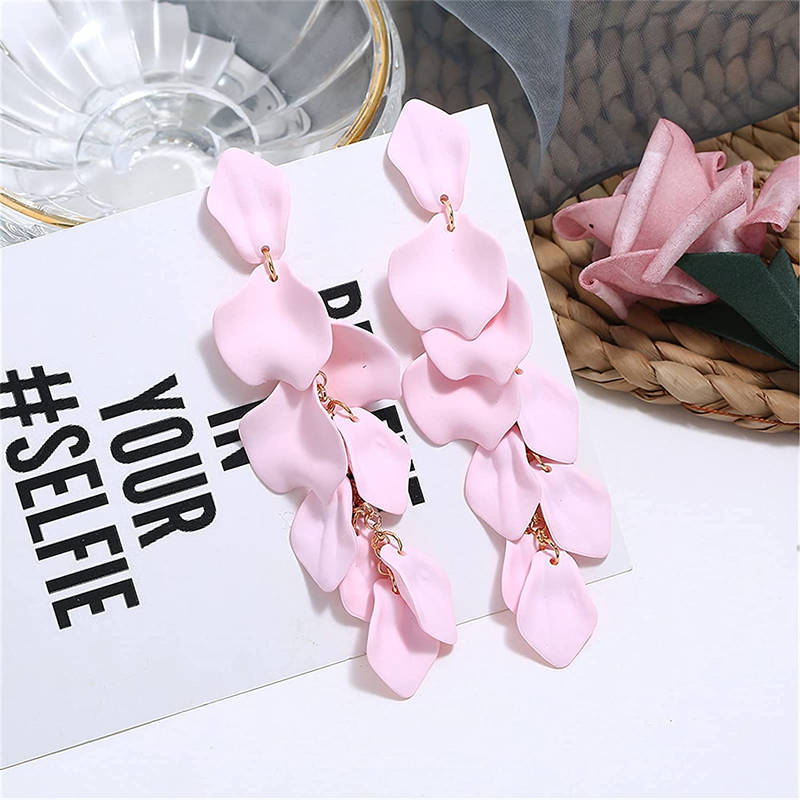 Long Drop Rose Petal Earrings for Women and Girls-Pink