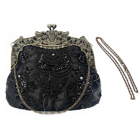 Womens Beaded Party Clutch Vintage Rose Purse-Black