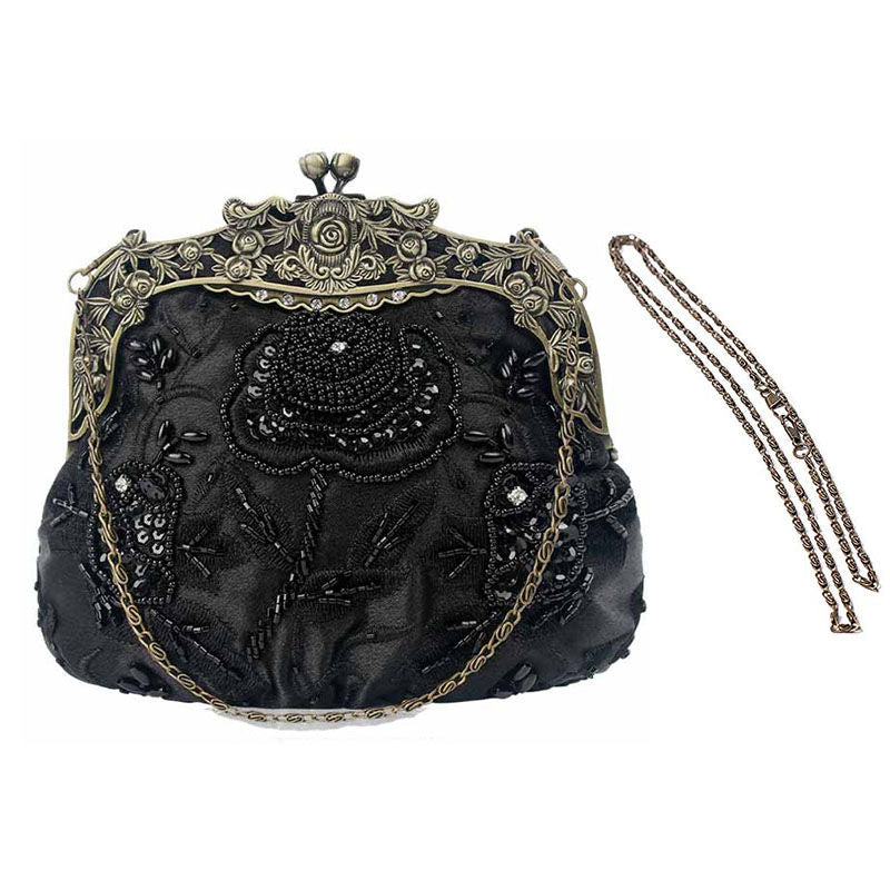 Womens Beaded Party Clutch Vintage Rose Purse-Black