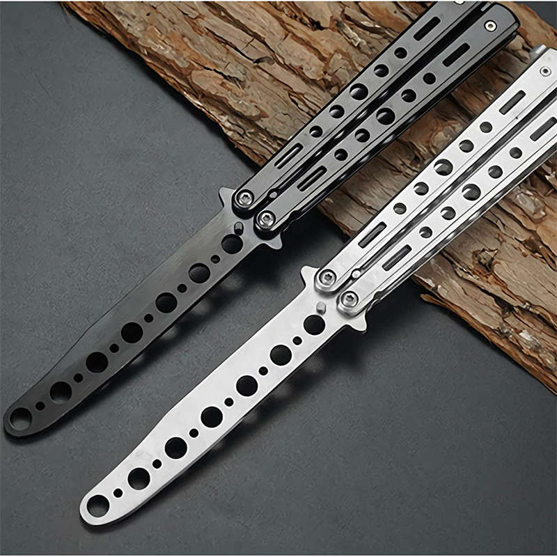 Novice Training Butterfly Knife Practice Tool Unsharpened Black and Silver Set of 2