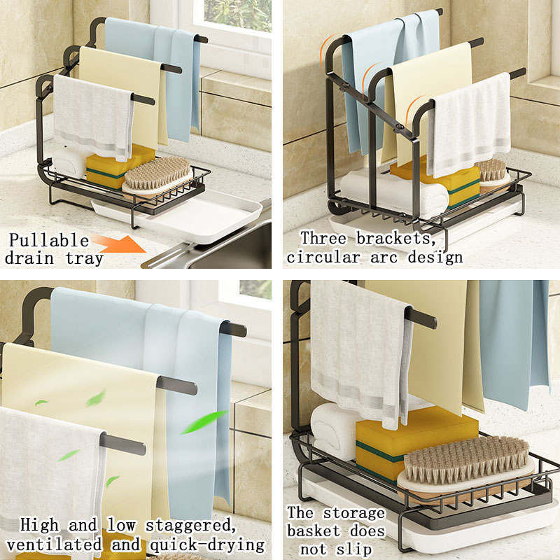 Kitchen Rag Rack with Drip Tray Stainless Steel Sink Caddy Organizer