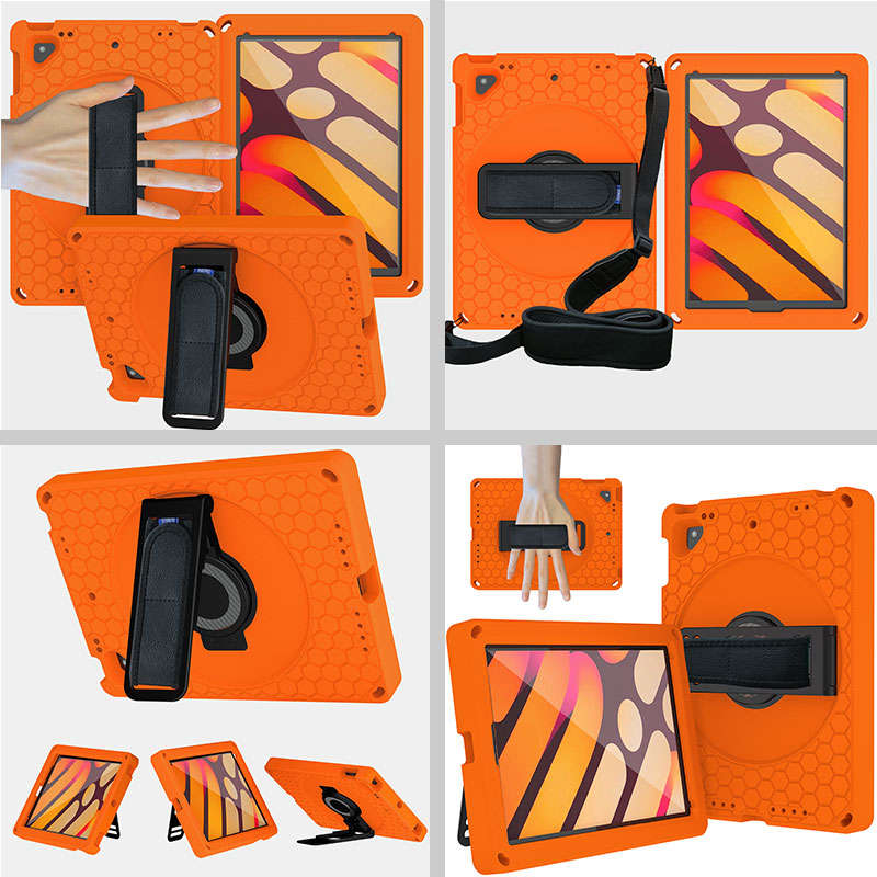 iPad Case With Handle Stand Shoulder Strap for iPad5 2018 9.7-OrangeBlack