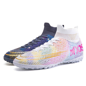 Hightop Soccer Boots Spikes Shoes Unisex Outdoor Indoor Sneaker-2White Black