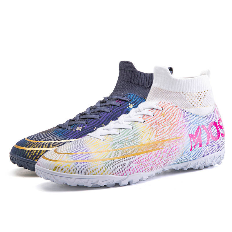 Hightop Soccer Boots Spikes Shoes Unisex Outdoor Indoor Sneaker-2White Black