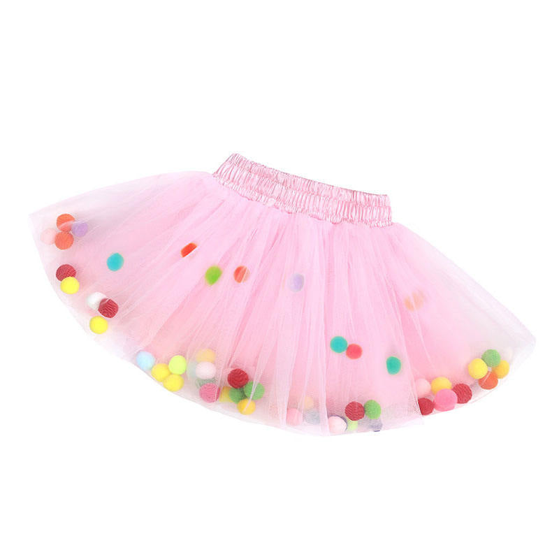 Girl Tutu Skirt Fluffy Toddler Tulle Tutus 3 Layers With Pom Pom Puff Balls-Pink