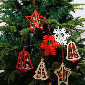 Set of 4 Wooden Hanging Ornaments 3D Snowflake Bells Star Tree Home Decorations-B