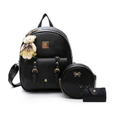 Mini Leather Backpack Purse 3-Pieces Fashion Flower Zipper Daypacks for Girls and Women-Black