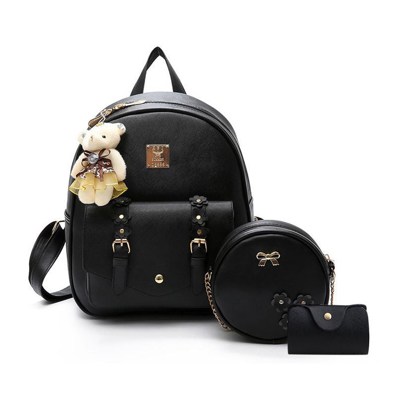 Mini Leather Backpack Purse 3-Pieces Fashion Flower Zipper Daypacks for Girls and Women-Black