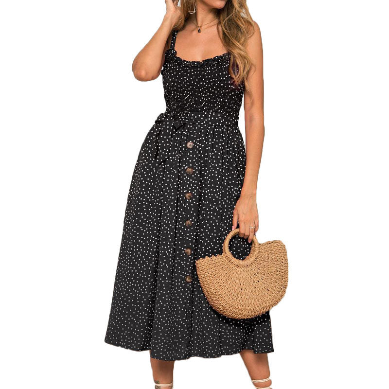 Womens Summer Suspenders Ruffle Polka-dot Printed Dress-Black