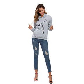 Women Teen Girls Cat Printed Hoodie Sweatshirt Cute Cat Ear Pullover Sweatshirt-Gray