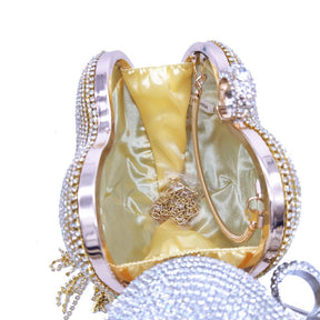 Women Luxury Heart Shape Tassel Evening Clutch Bag Rhinestones Wedding Party Purse-Gold