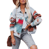 Womens Cropped Denim Jacket Aztec Print Vintage Casual Coat-LightBlue