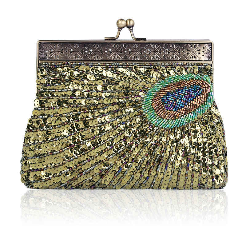 Peacock Clutch Sequined Beaded Evening Handbag-Green
