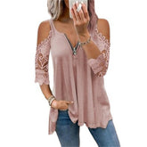 Cold Shoulder Tops For Women Sexy Low Cut V Neck Shirts with Lace 3/4 Sleeve-Pink