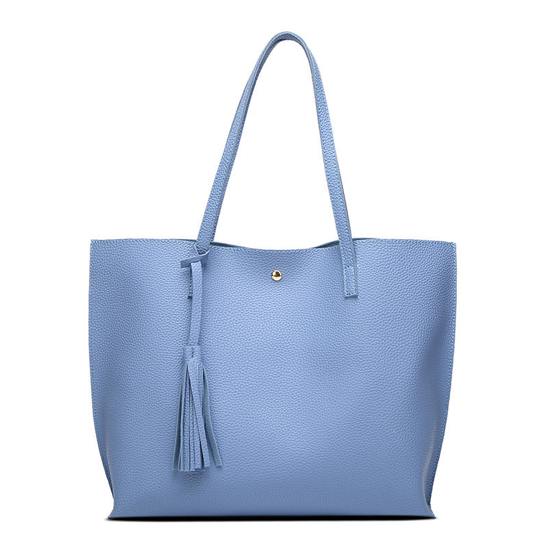 Womens Soft Leather Tote Shoulder Bag Big Capacity Tassel Handbag-Blue