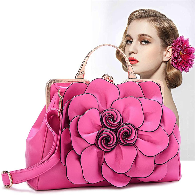 Womens Rose Flower Evening Clutches Formal Party Totes Shoulder Bag-RoseRed