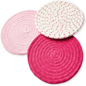 3 Pcs Potholders Colorful Cotton Thread Weave Stylish Coasters Heat Insulation Table Mat by Diameter 18CM-Pink