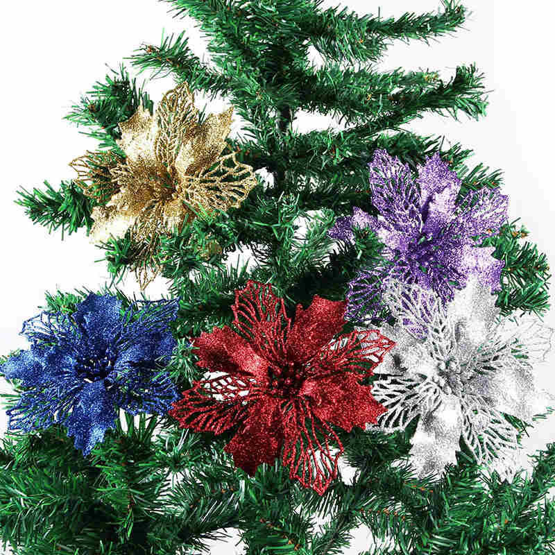 12Pack Glitter Flowers Christmas Tree Decorations and Ornaments-SapphireBlue