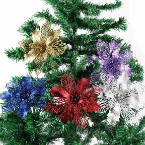 12Pack Glitter Flowers Christmas Tree Decorations and Ornaments-Silver