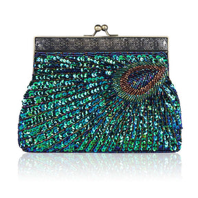 Peacock Clutch Sequined Beaded Evening Handbag-Blue